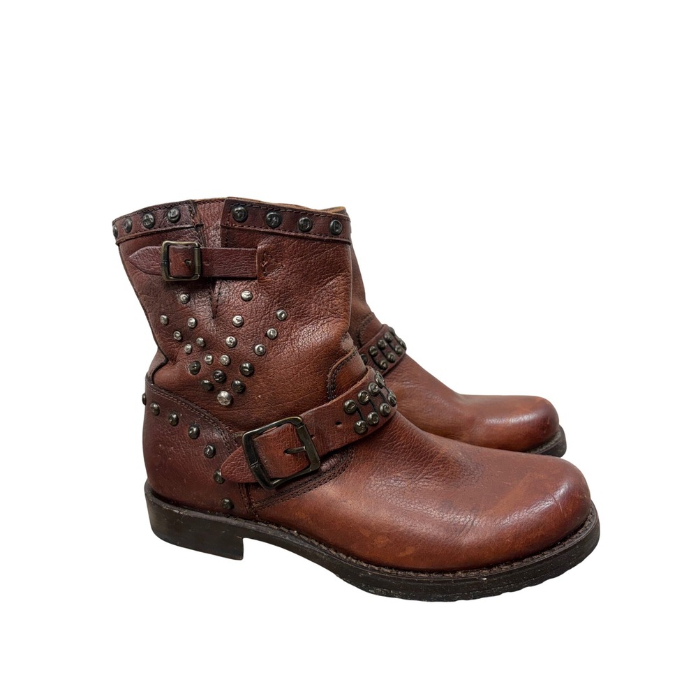 Frye Veronica Studded Moto Boots Brown Leather Ankle Buckle 7 Festival Boho